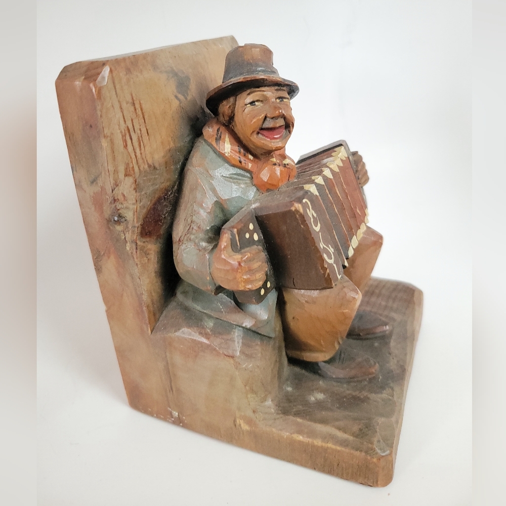 Vintage Handcarved- Painted Black Forest Style Musician Accordion Player Bookend